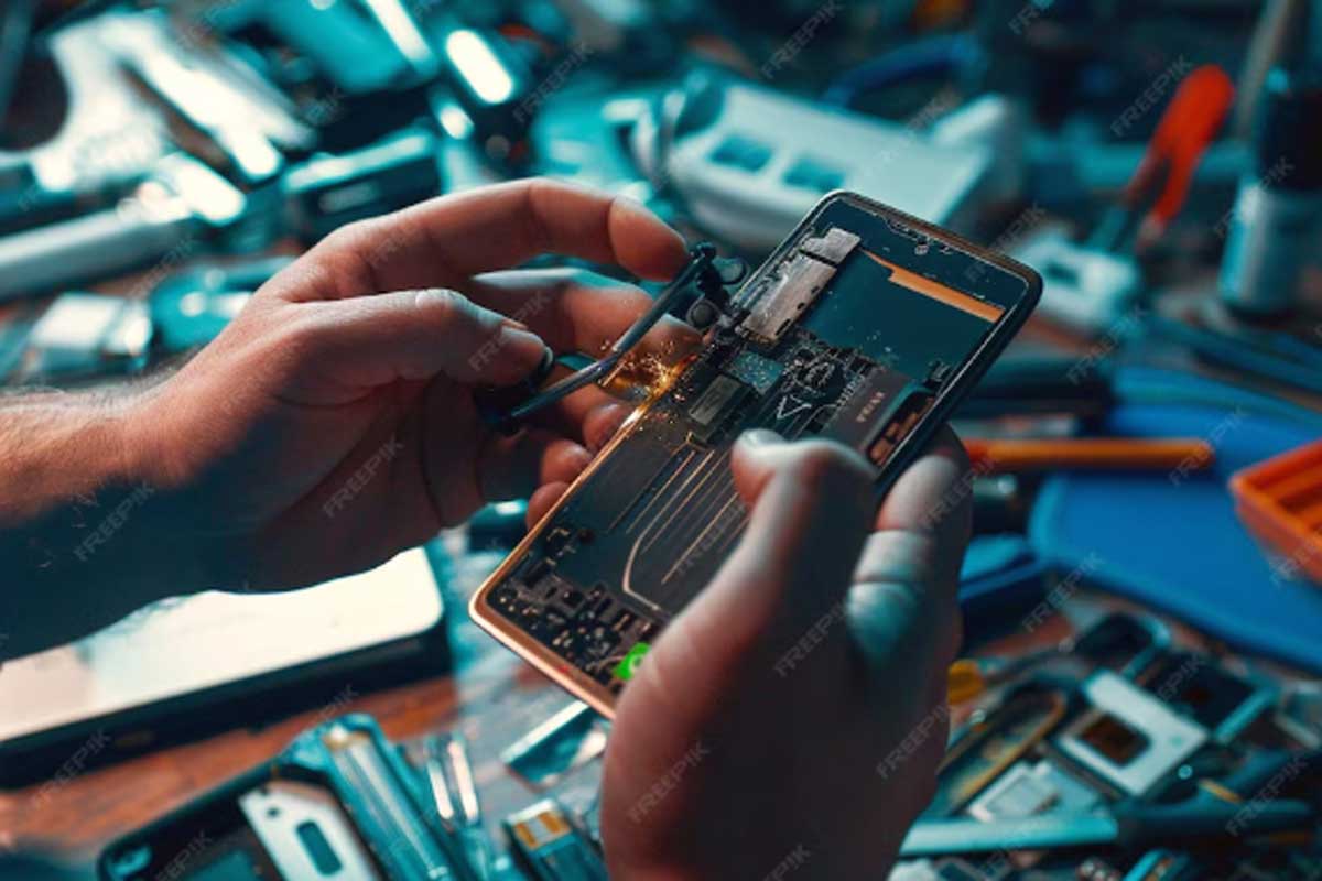 Técnico de celular verificando a placa de um celular ilustra nosso artigo sobre controlar a entrada e saída de aparelhos na assistência técnica. Créditos da imagem: Freepik.com