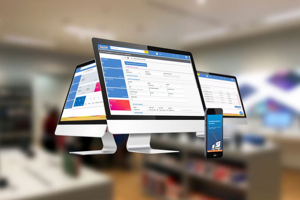 Monitores mostrando sistema de Ordem de serviço assistência técnica de celular
