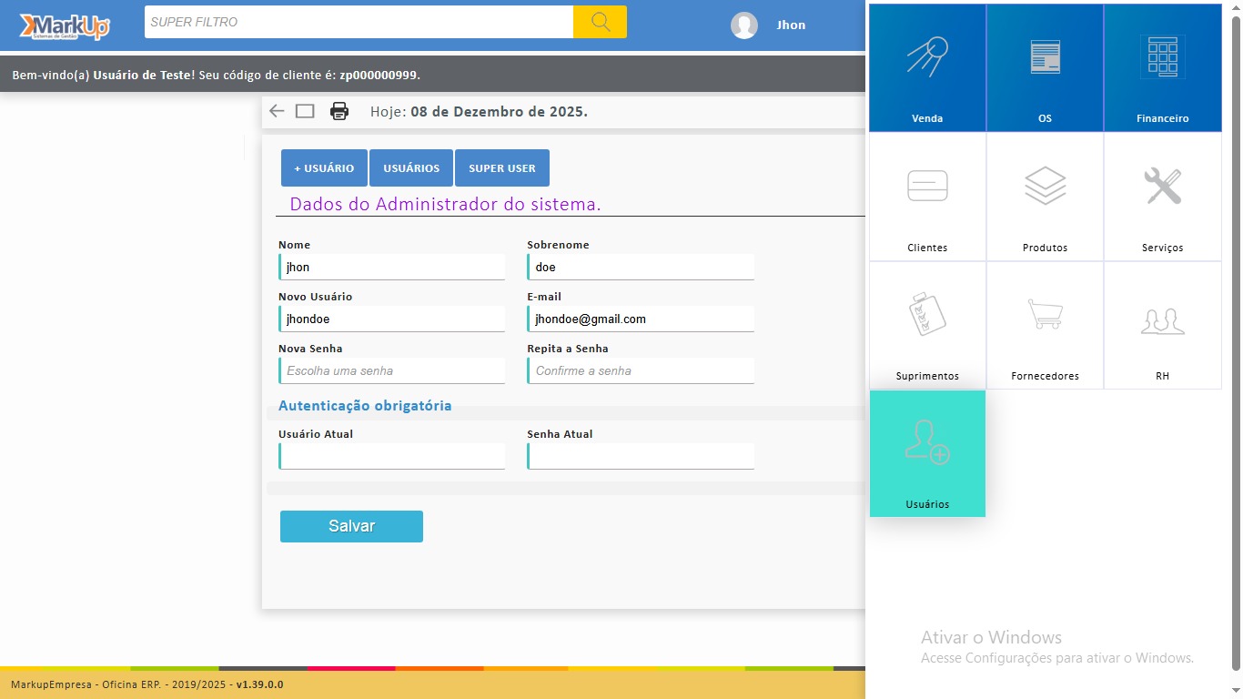 Tela do módulo de Usuários para troca de senha de usuário Tela do módulo de Usuários para troca de senha de usuário